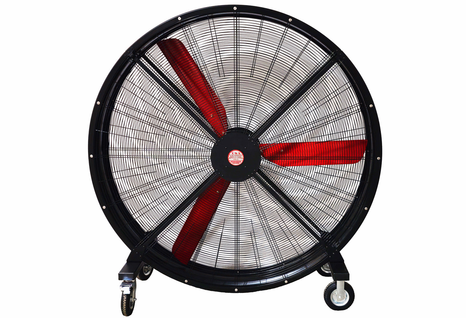 72" Floor Fan with black housing, red blades, metal frame, red and white brand badge, black and silver casters and metal bearings, product of Industrial Fan Co, on a white background