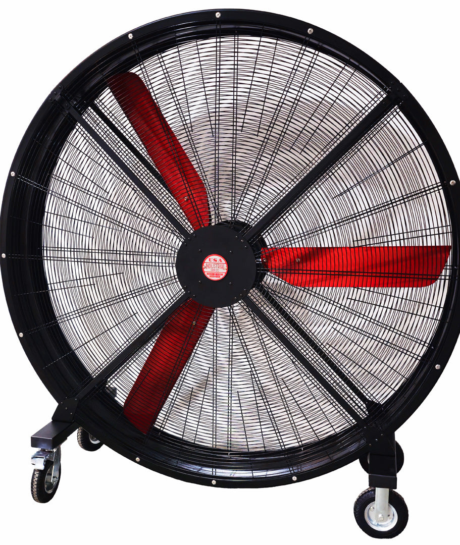 72" Floor Fan with black housing, red blades, metal frame, red and white brand badge, black and silver casters and metal bearings, product of Industrial Fan Co, on a white background