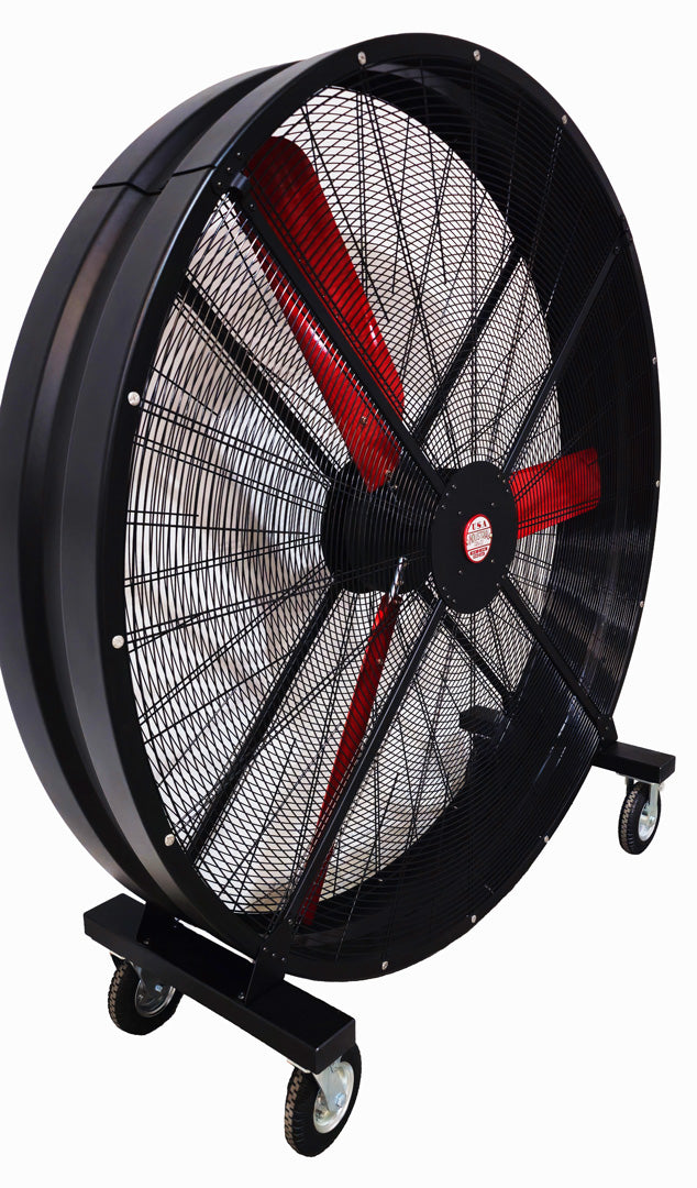 72" Floor Fan with black housing, red blades, metal frame, red and white brand badge, black and silver casters and metal bearings, product of Industrial Fan Co, on a white background