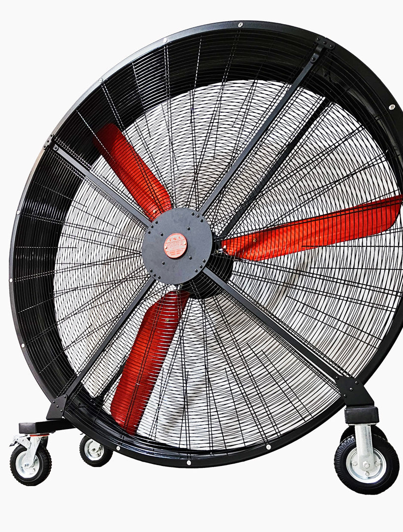 72" Floor Fan with black housing, red blades, metal frame, red and white brand badge, black and silver casters and metal bearings, product of Industrial Fan Co, on a white background
