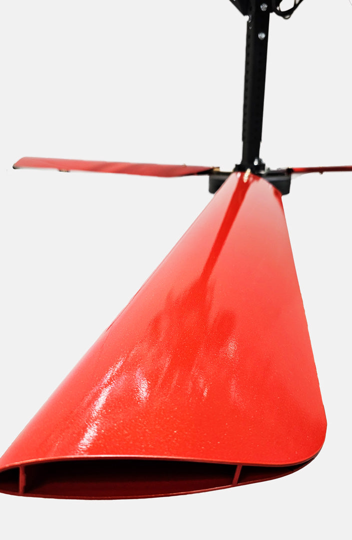Close up of a telescoping mount, motor,  and red blades for DF3 Red Industrial Ceiling Fan, product of Industrial Fan Co