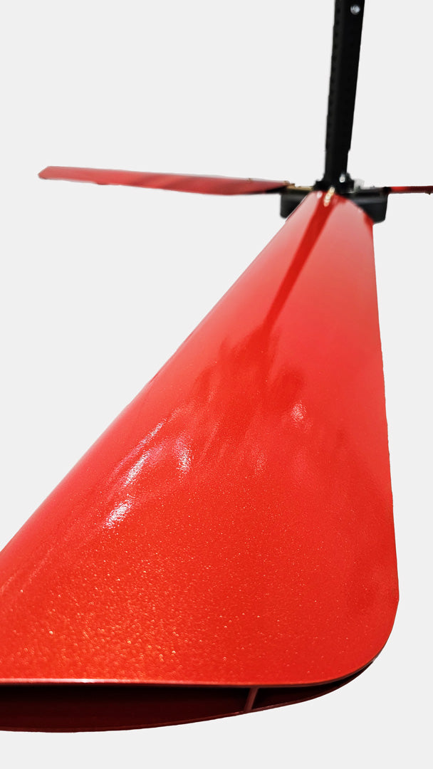 Close up of a telescoping mount, motor,  and red blades for DF3 Red Industrial Ceiling Fan, product of Industrial Fan Co