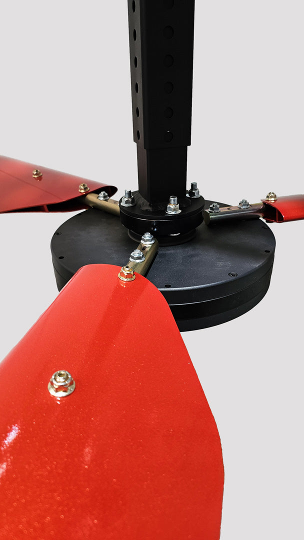 Close up of a telescoping mount, motor housing, hardware and red blades for DF3 Red Industrial Ceiling Fan, product of Industrial Fan Co