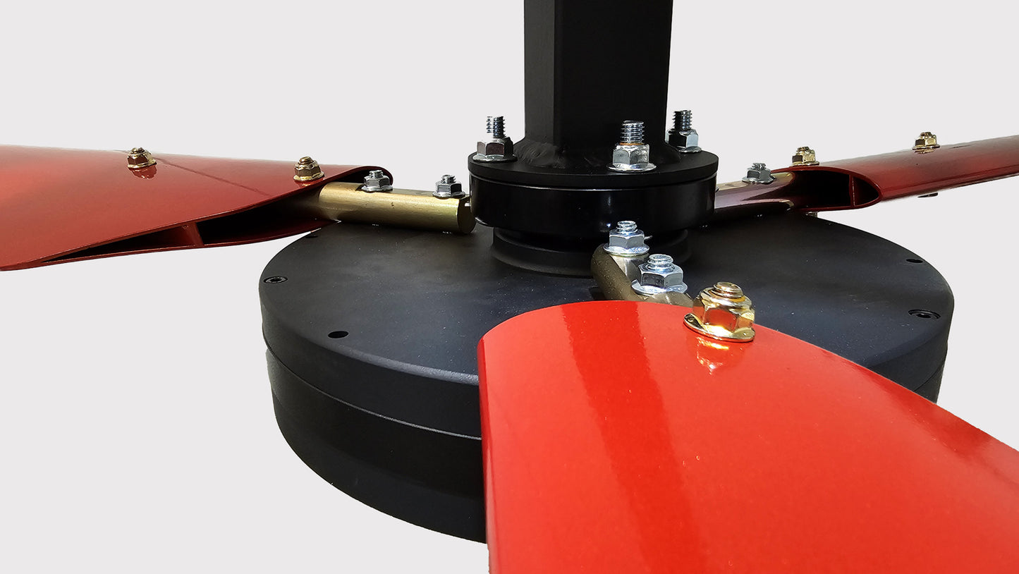 Close up of a telescoping mount, motor housing, hardware and red blades for DF3 Red Industrial Ceiling Fan, product of Industrial Fan Co