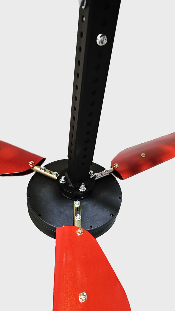 Close up of a telescoping mount, motor housing, hardware and red blades for DF3 Red Industrial Ceiling Fan, product of Industrial Fan Co