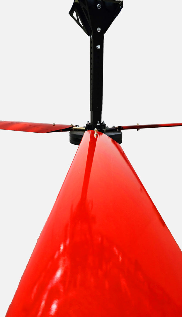 Close up of a telescoping mount, motor,  and red blades for DF3 Red Industrial Ceiling Fan, product of Industrial Fan Co