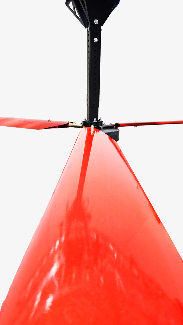 Close up of a telescoping mount, motor,  and red blades for DF3 Red Industrial Ceiling Fan, product of Industrial Fan Co