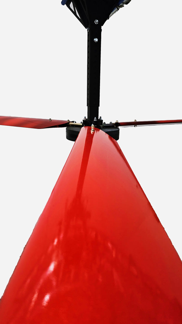 Close up of a telescoping mount, motor,  and red blades for DF3 Red Industrial Ceiling Fan, product of Industrial Fan Co