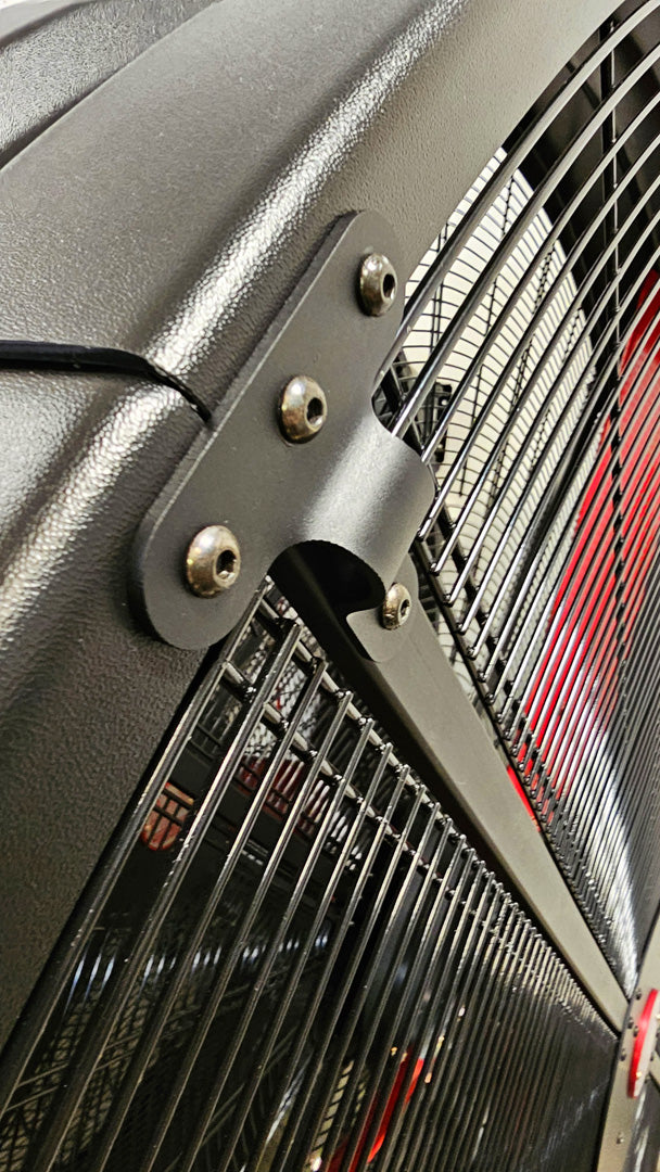 Close up of a metal frame for a 72" Floor Fan with black guard housing, product of Industrial Fan Co