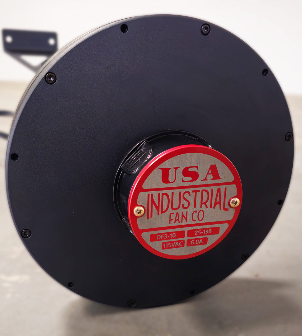 Close up of a motor housing for Industrial Fans with a branded logo badge, product of Industrial Fan Co