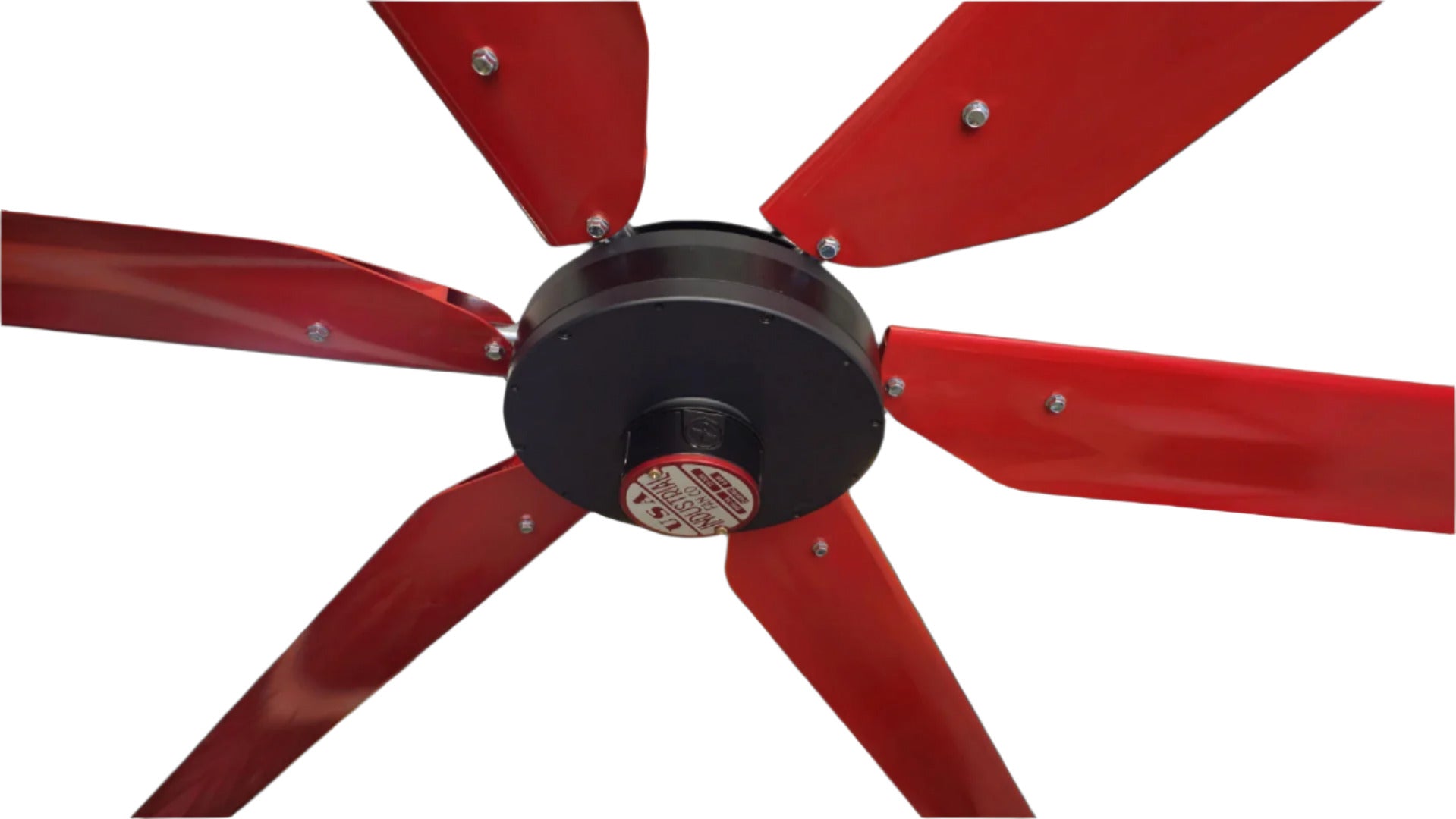 Close up of a motor casing, red and silver brand badge and 6 red blades with silver hardware for DF6 Red Industrial Ceiling Fan, product of Industrial Fan Co