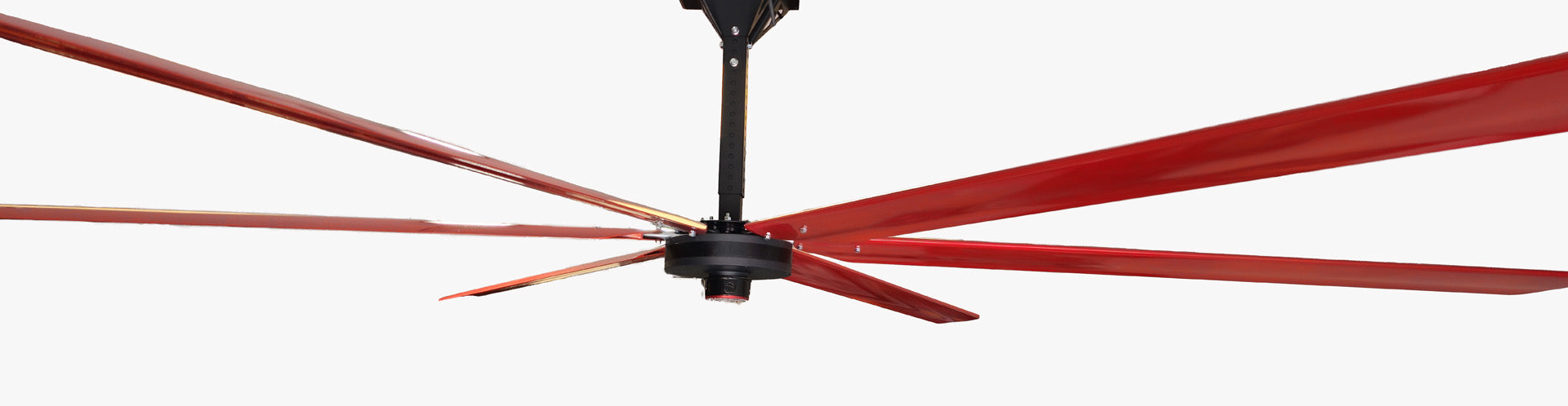 Close up of a telescoping wall mount, motor casing, red and silver brand badge and 6 red blades with silver hardware for DF6 Red Industrial Ceiling Fan, product of Industrial Fan Co