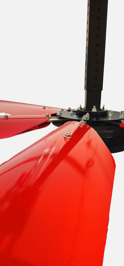 Close up of a telescoping mount, motor,  and red blades for DF6 Red Industrial Ceiling Fan, product of Industrial Fan Co