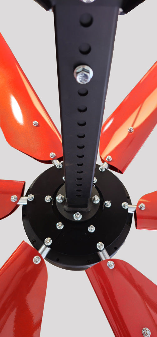 Close up of a telescoping mount, motor,  and 6 blades with exposed silver hardware, for DF6 Red Industrial Ceiling Fan, product of Industrial Fan Co