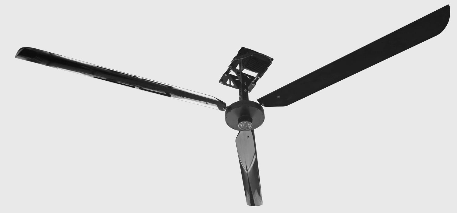 DF3 Industrial Ceiling Fan, product of Industrial Fan Co, Black, close up of blades, motor, brand badge and telescoping wall mount