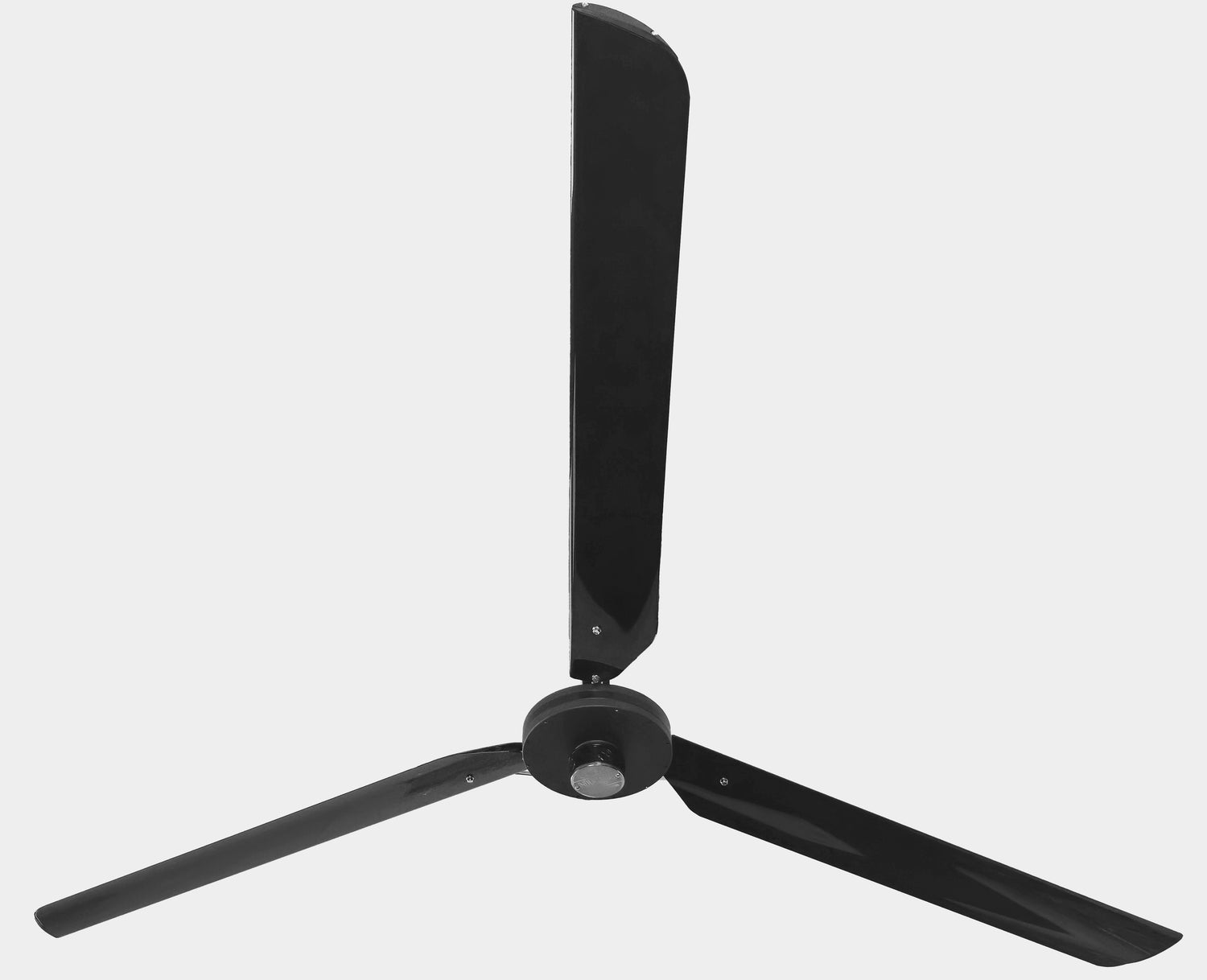DF3 Industrial Ceiling Fan, product of Industrial Fan Co, Black, close up of blades, motor, brand badge and telescoping wall mount