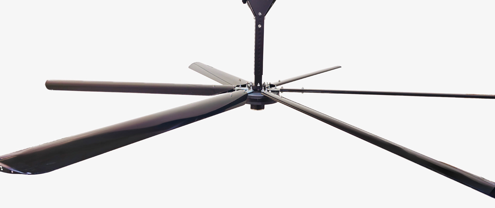 Close up of a telescoping mount, motor and 6 blades for DF6 Black Industrial Ceiling Fan from Industrial Fan Co