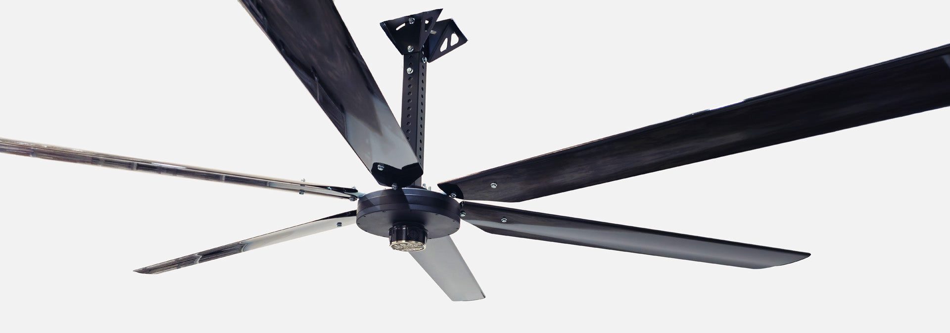 Close up of a telescoping mount, motor, silver brand badge and 6 blades for DF6 Black Industrial Ceiling Fan from Industrial Fan Co