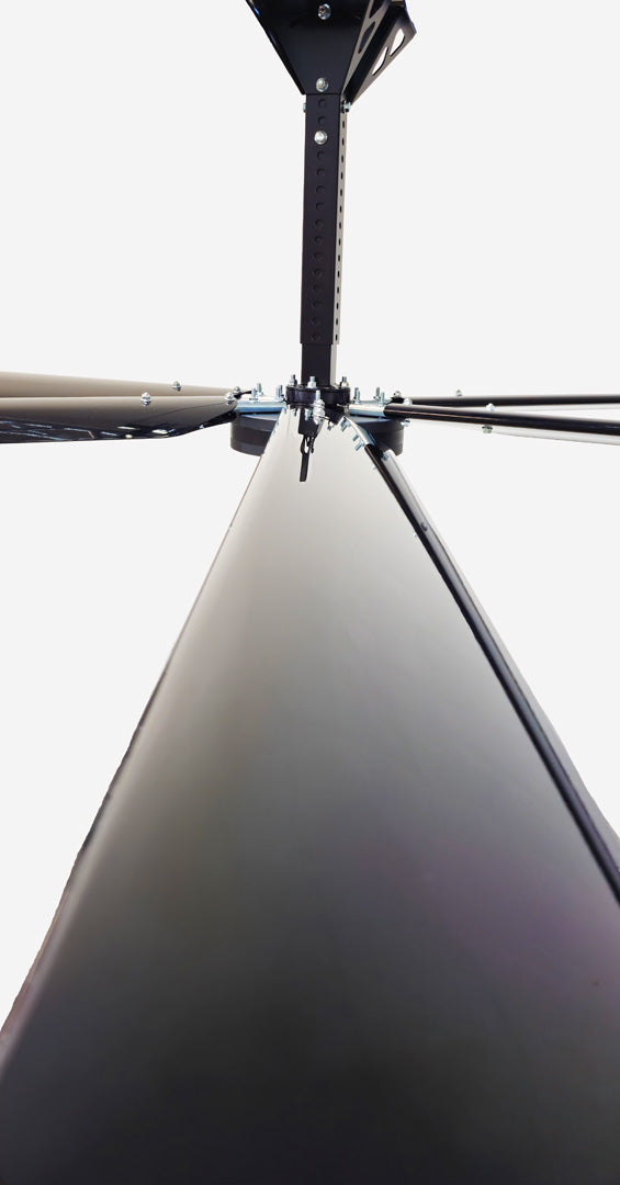 Close up of a telescoping mount, motor and 6 blades for DF6 Black Industrial Ceiling Fan from Industrial Fan Co