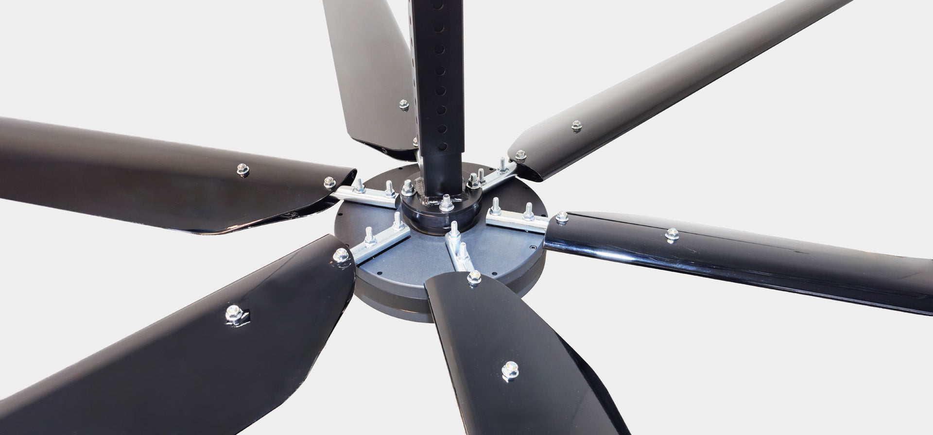 Close up of a telescoping mount, motor and 6 blades for DF6 Black Industrial Ceiling Fan from Industrial Fan Co
