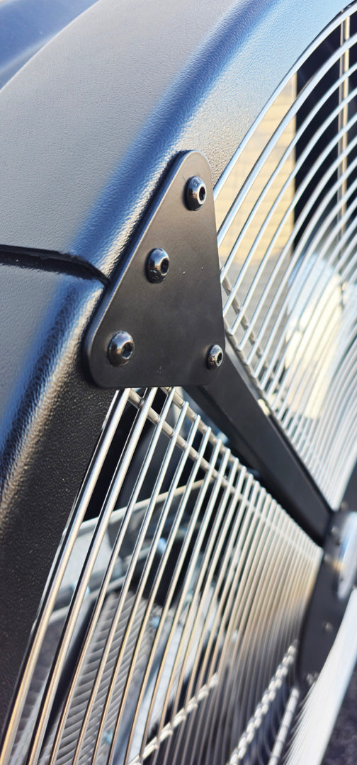 Close-up of a guards and metal frame with a black bracket of 48" Floor Fan from Industrial Fan Co