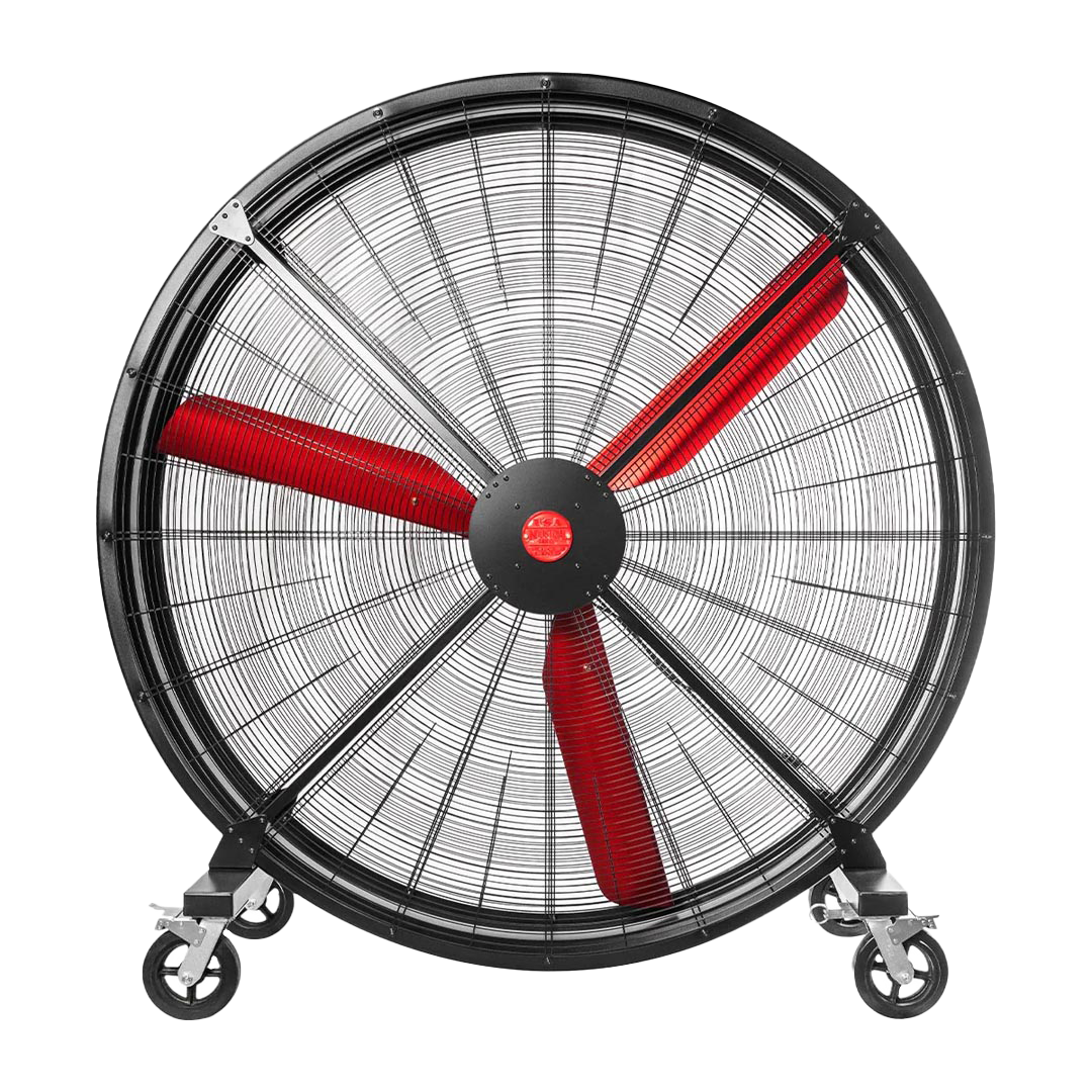 72" Floor Fan with black housing, red blades, metal frame, red and white brand badge, black and silver casters and metal bearings, product of Industrial Fan Co, on a transparent background