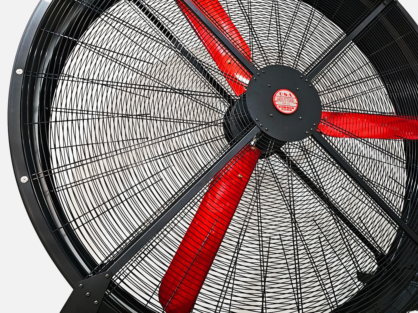 72" Floor Fan with black housing, red blades, metal frame, red and white brand badge and metal bearings, product of Industrial Fan Co, on a white background