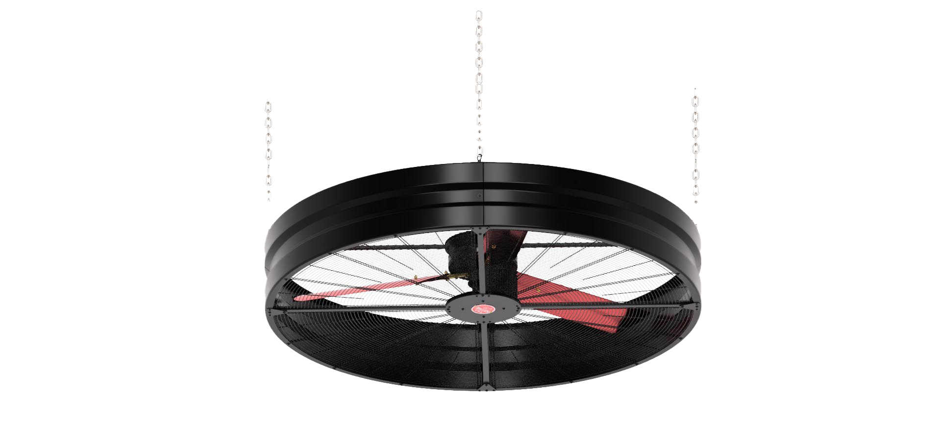 Close up of a 72" Hanging Fan with black housing, red blades, metal frame, red and white brand badge, and metal hangers, product of Industrial Fan Co, on a transparent background