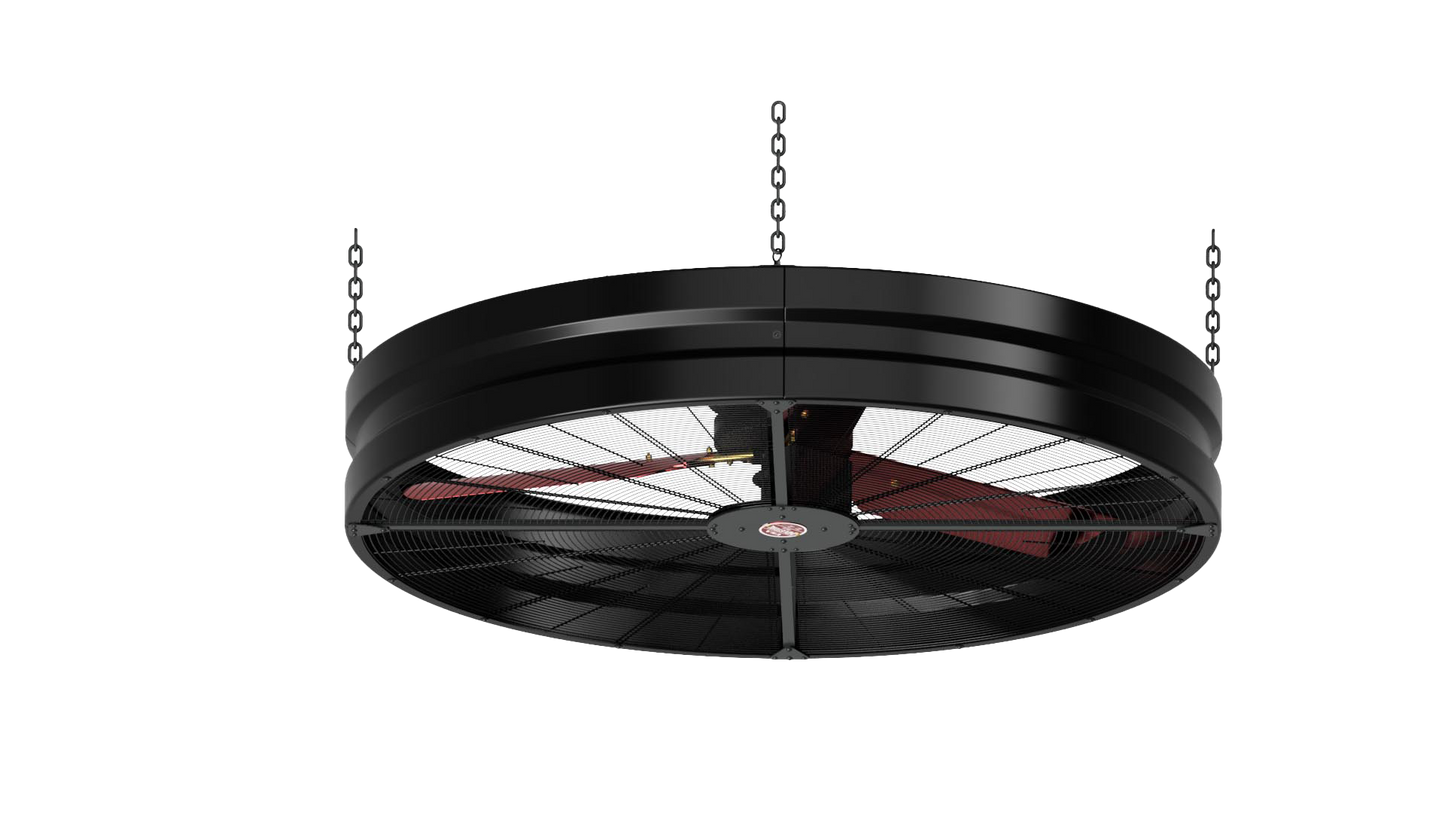 Close up of a 72" Hanging Fan with black housing, red blades, metal frame, red and white brand badge, and metal hangers, product of Industrial Fan Co, on a transparent background