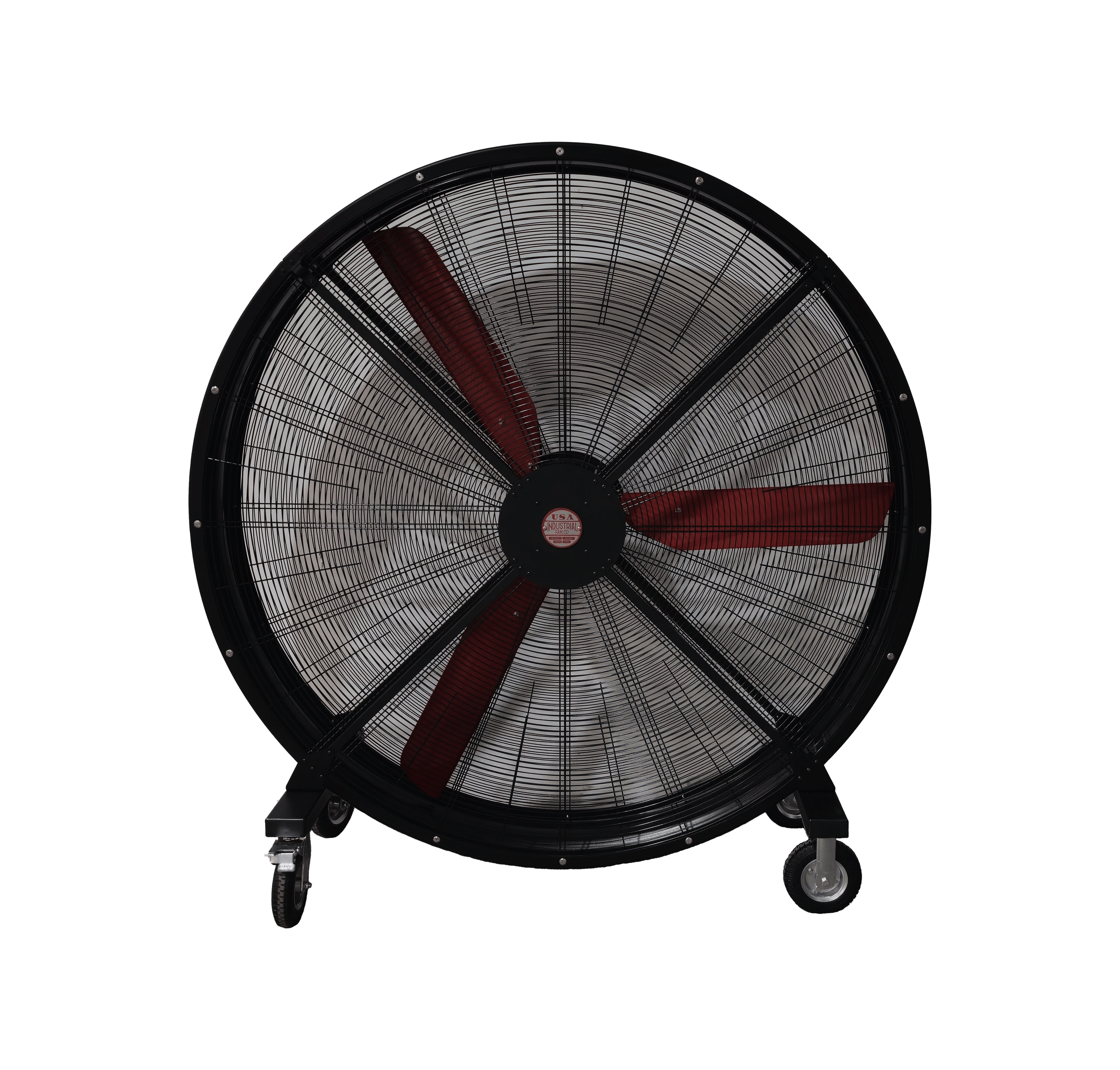 72" Floor Fan with black housing, red blades, metal frame, black and silver casters and metal bearings, product of Industrial Fan Co