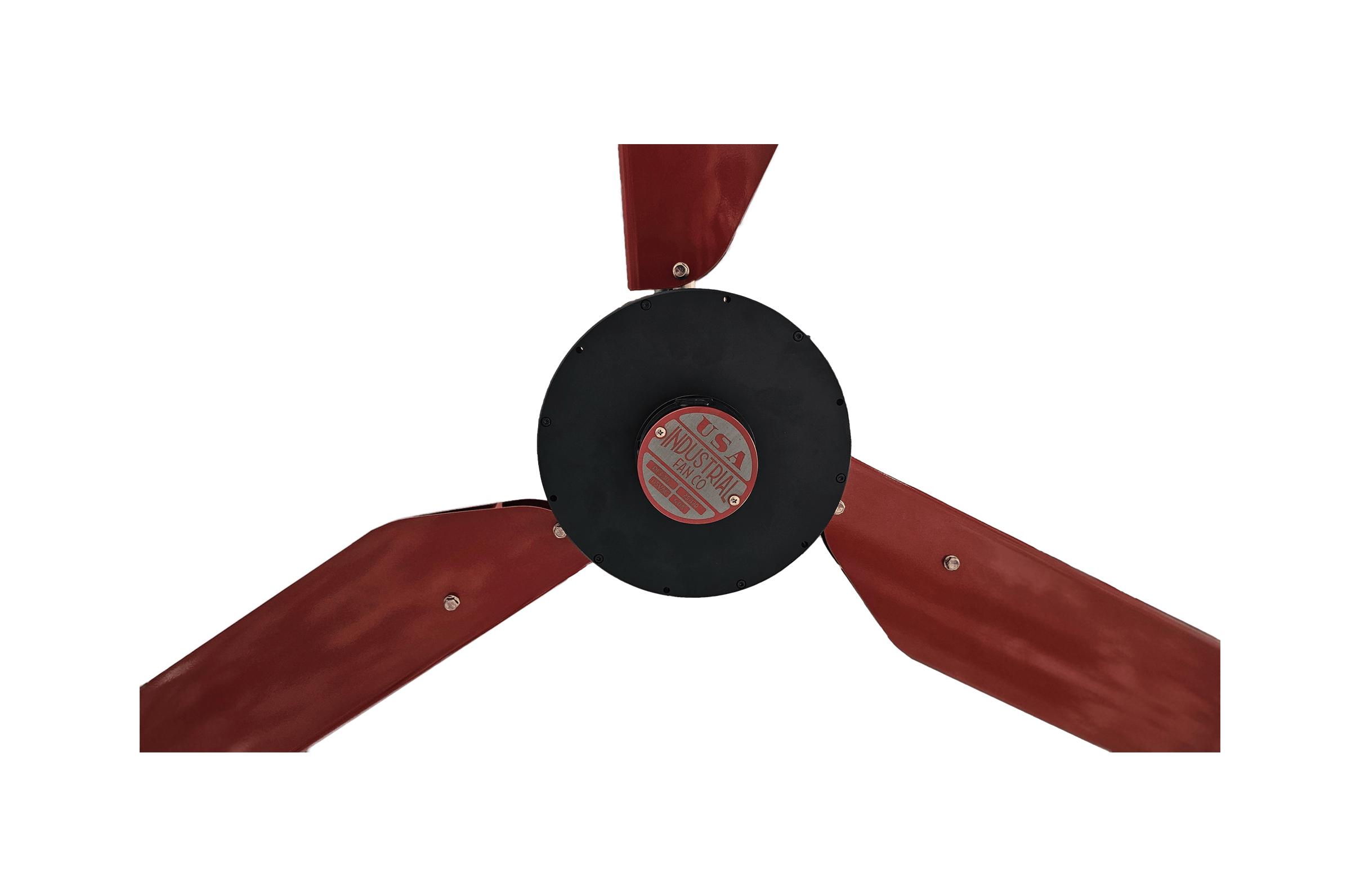 Close up of a motor casing, red and silver brand badge and 3 blades for DF3 Red Industrial Ceiling Fan from Industrial Fan Co