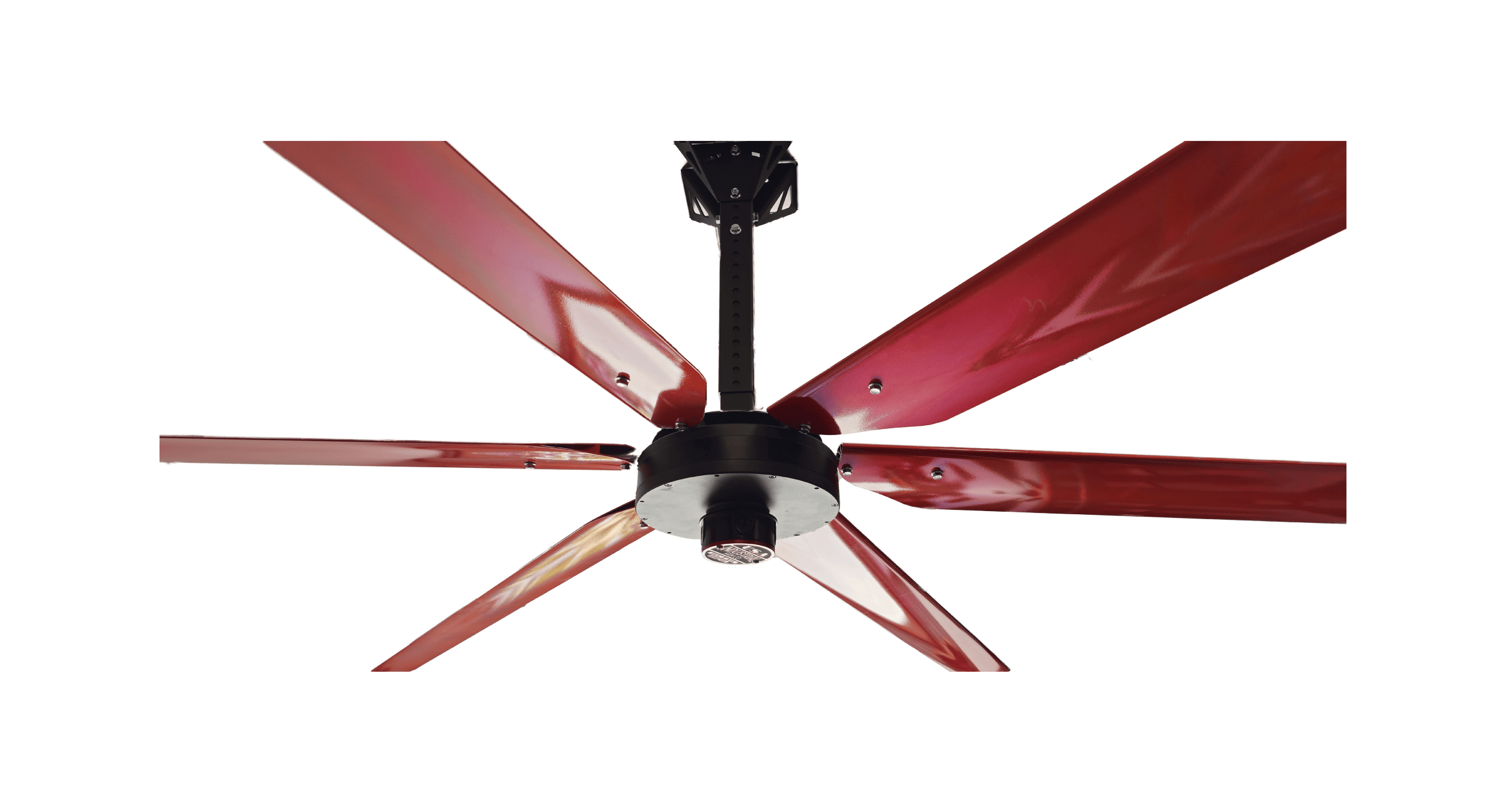 Close up of a wall mount, motor casing, red and silver brand badge and 6 blades for DF6 Red Industrial Ceiling Fan from Industrial Fan Co