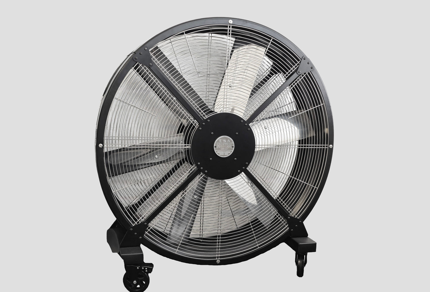 48" industrial floor fan with silver blades and black housing on a white background, product of Industrial Fan Co
