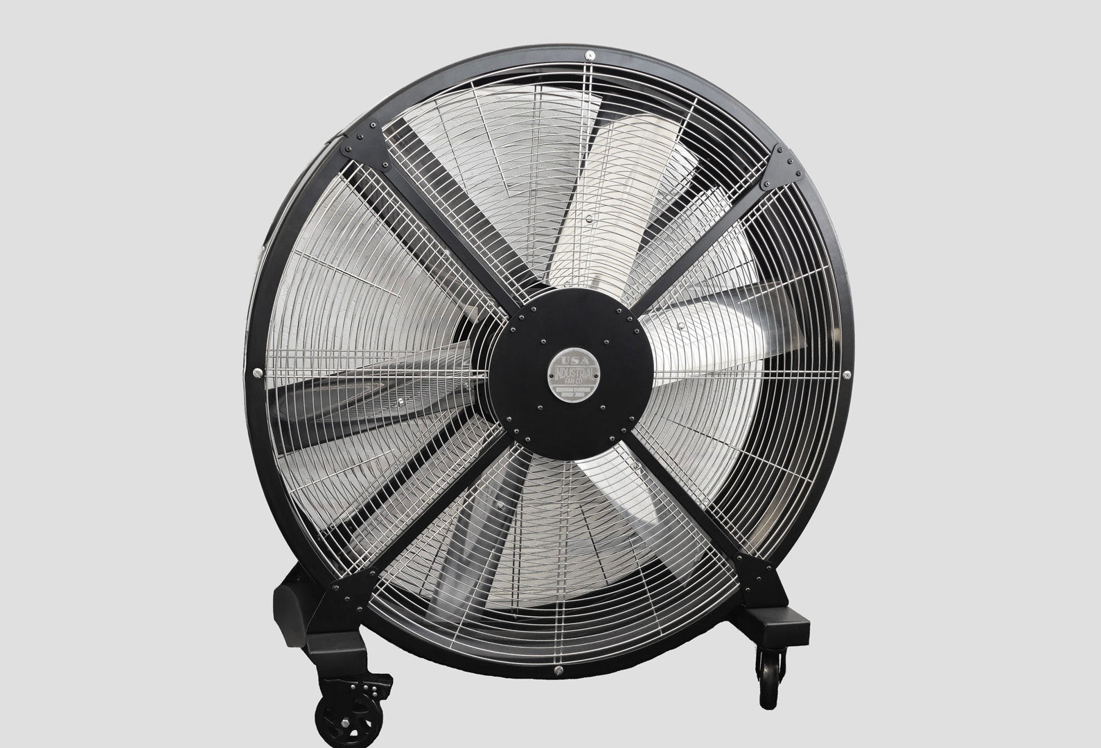 48" industrial floor fan with silver blades and black housing on a white background, product of Industrial Fan Co