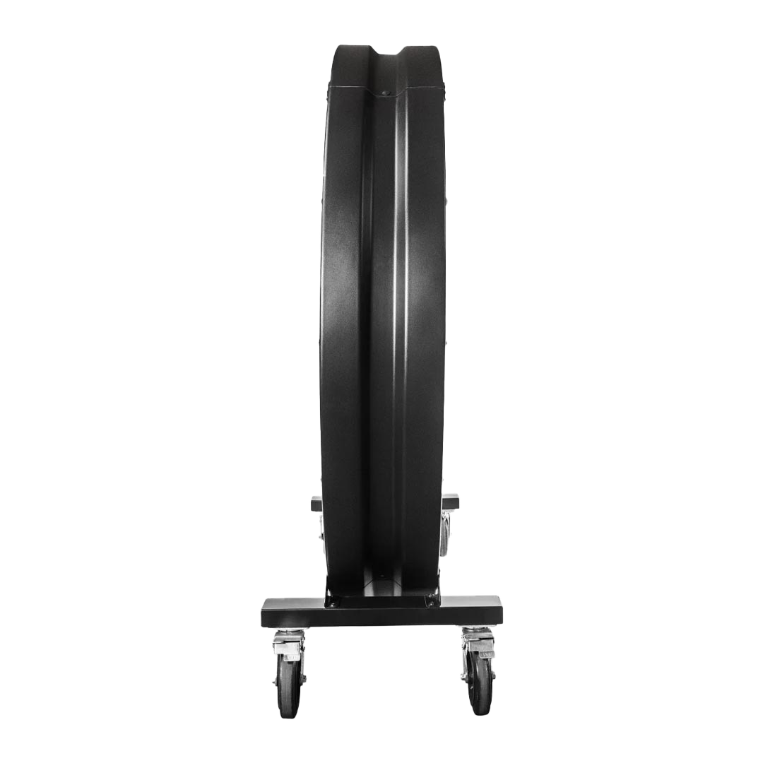 Side view of a 72" Floor Fan with black housing, black and silver casters with breaks, product of Industrial Fan Co, on a transparent background