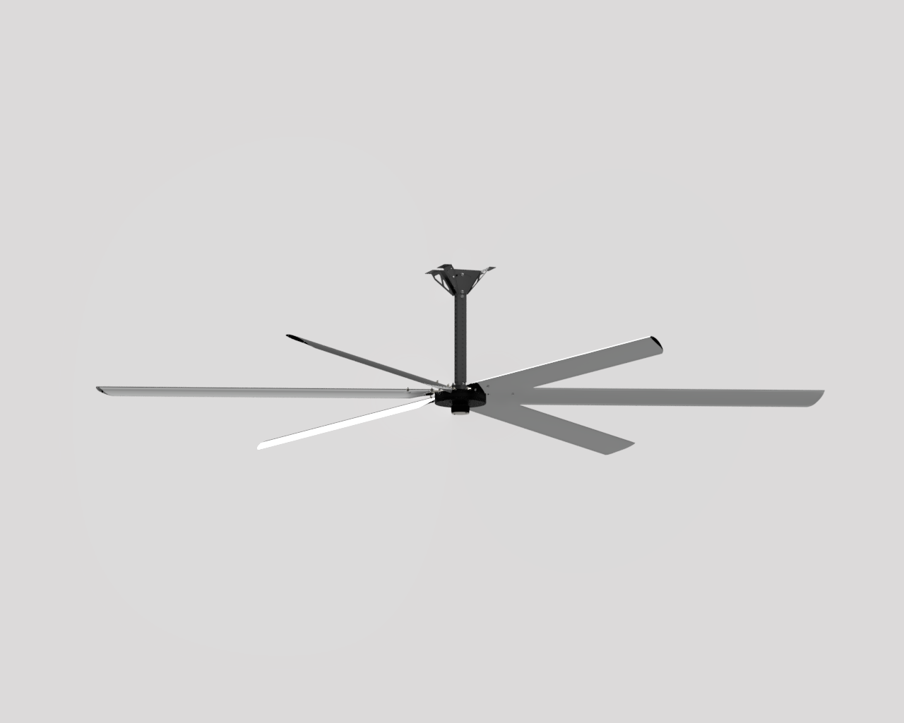 DF6 Polished Aluminum Industrial Ceiling Fan, product of Industrial Fan Co, with black motor casing, silver brand badge and black telescoping wall mount