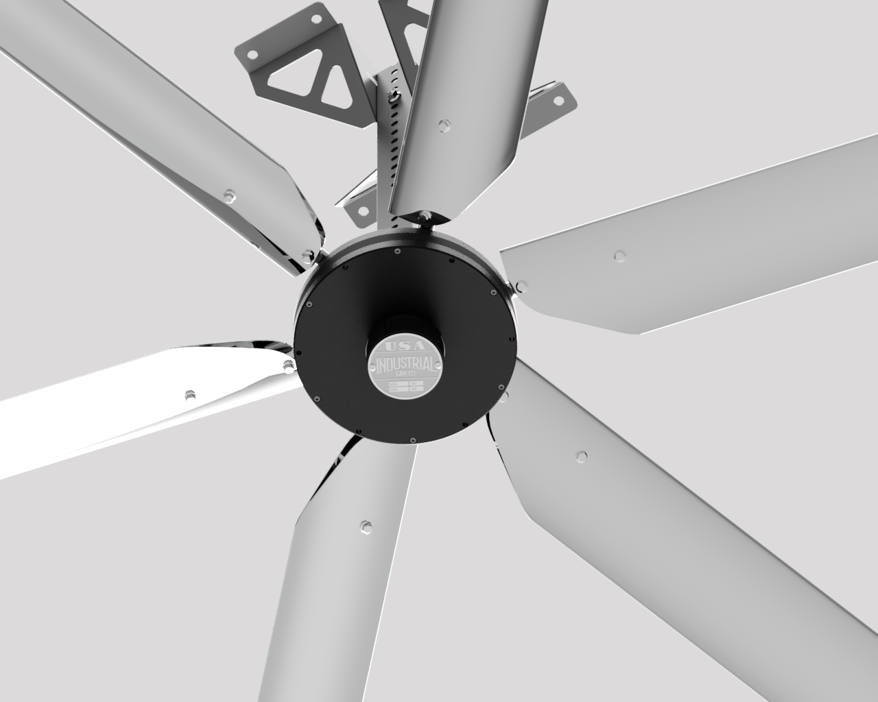 DF6 Polished Aluminum Industrial Ceiling Fan, product of Industrial Fan Co, with black motor casing, silver brand badge and black telescoping wall mount