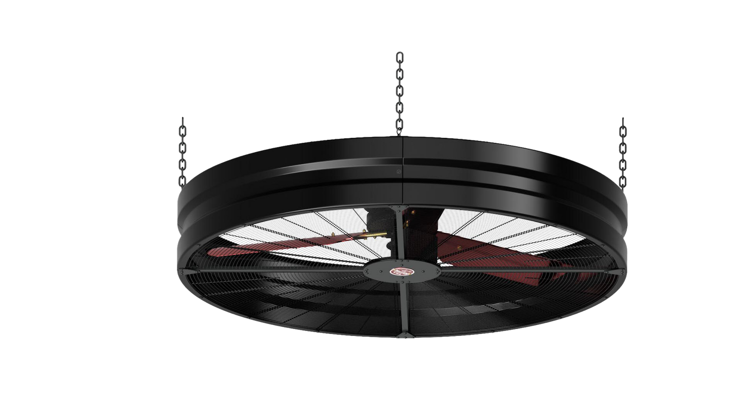 Close up of a 72" Hanging Fan with black housing, red blades, metal frame, red and white brand badge, and metal hangers, product of Industrial Fan Co, on a transparent background
