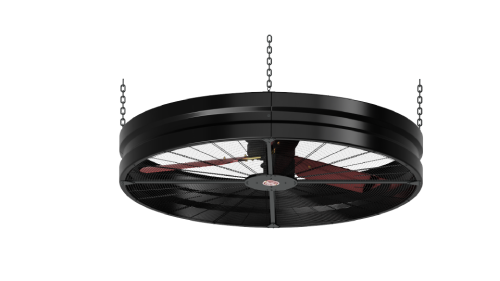 Close up of a 72" Hanging Fan with black housing, red blades, metal frame, red and white brand badge, and metal hangers, product of Industrial Fan Co, on a transparent background